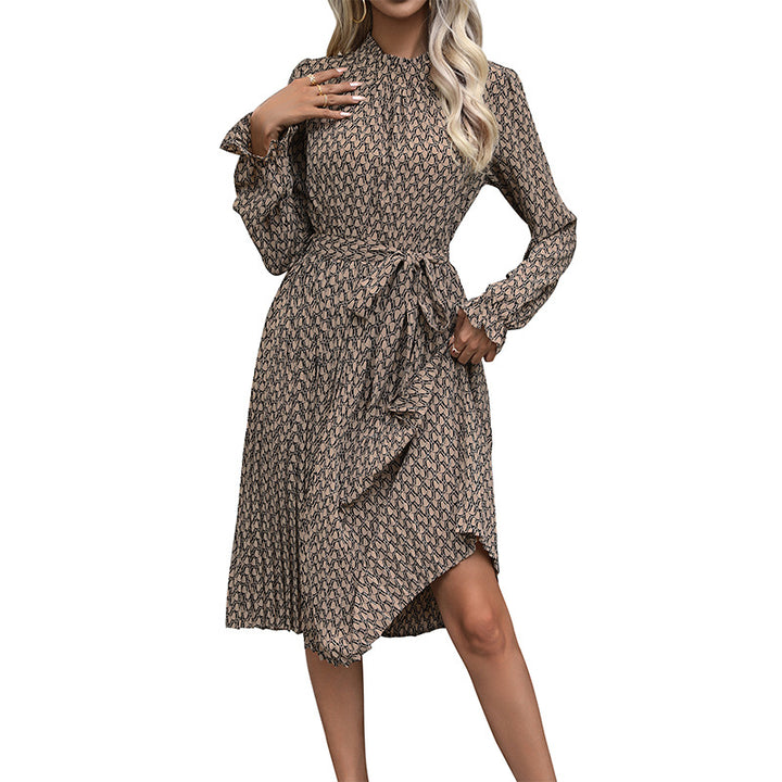 Damen Midikleid mit Stehkragen, taillierter Schärpe & asymmetrischem Saum Echoarchiv