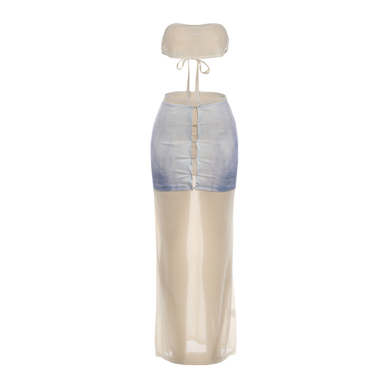Damen Maxi-Kleid mit transparentem Rock und bauchfreier Oberpartie Echo Archiv