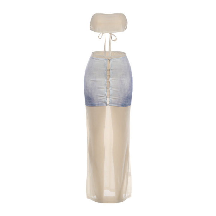 Damen Maxi-Kleid mit transparentem Rock und bauchfreier Oberpartie Echo Archiv