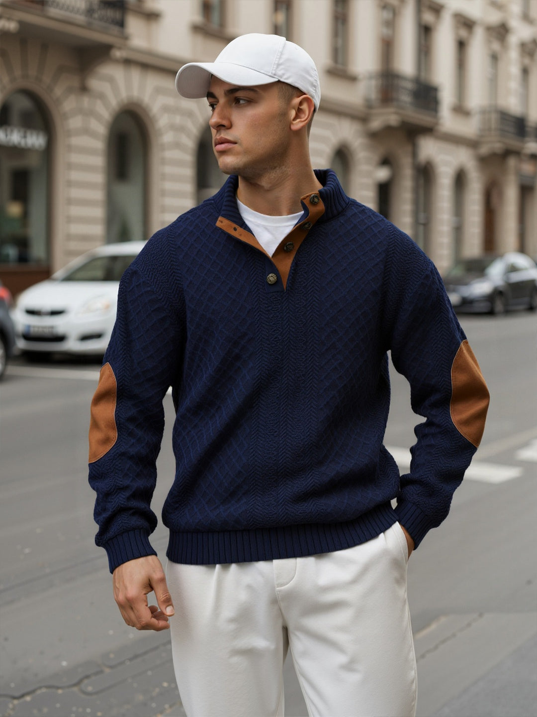 Herren Troyer-Pullover mit Stehkragen, strukturierter Strickoptik und Kontrast-Ellbogenpatches Echoarchiv