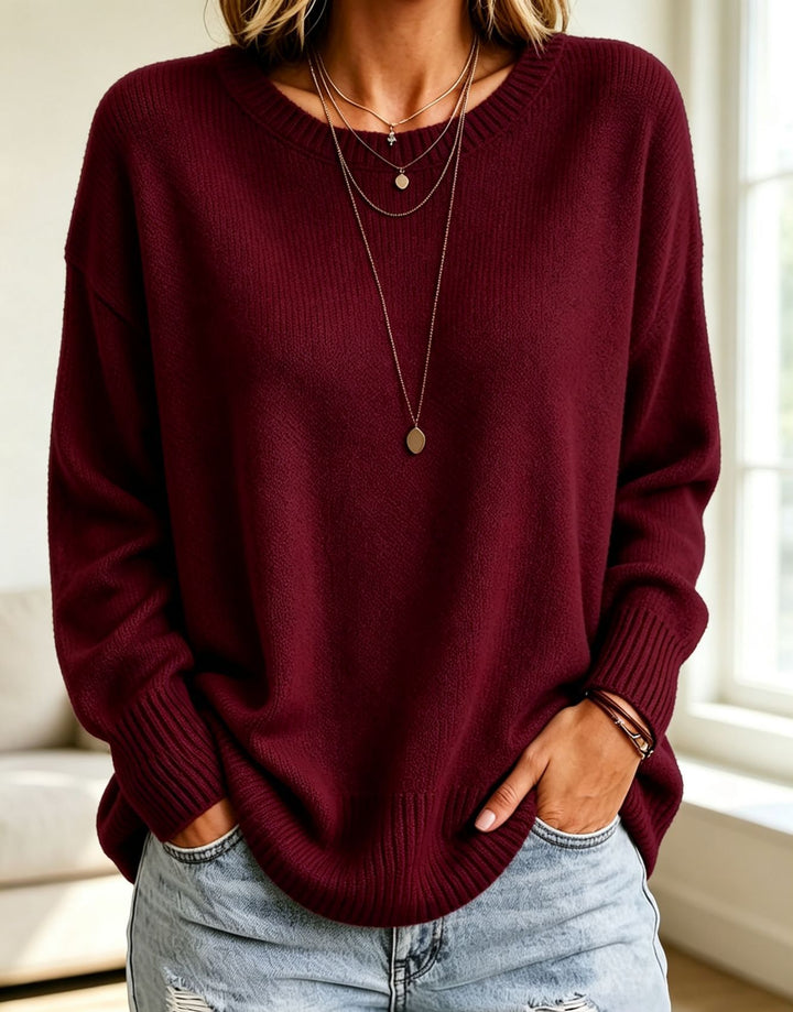 Damen Leichter Cashmere‑Touch Pullover mit Rundhalsausschnitt, überschnittener Schulter und gerippten Bündchen – Mavelle