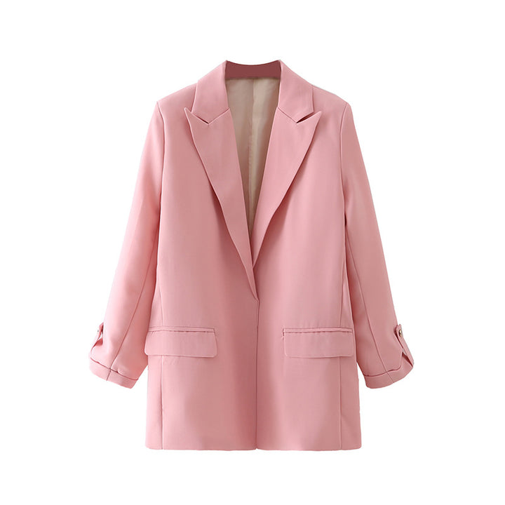 Damen lang geschnittener Oversize-Blazer mit weitem Revers aufgesetzten Pattentaschen und krempelbaren Ärmeln – Valéne