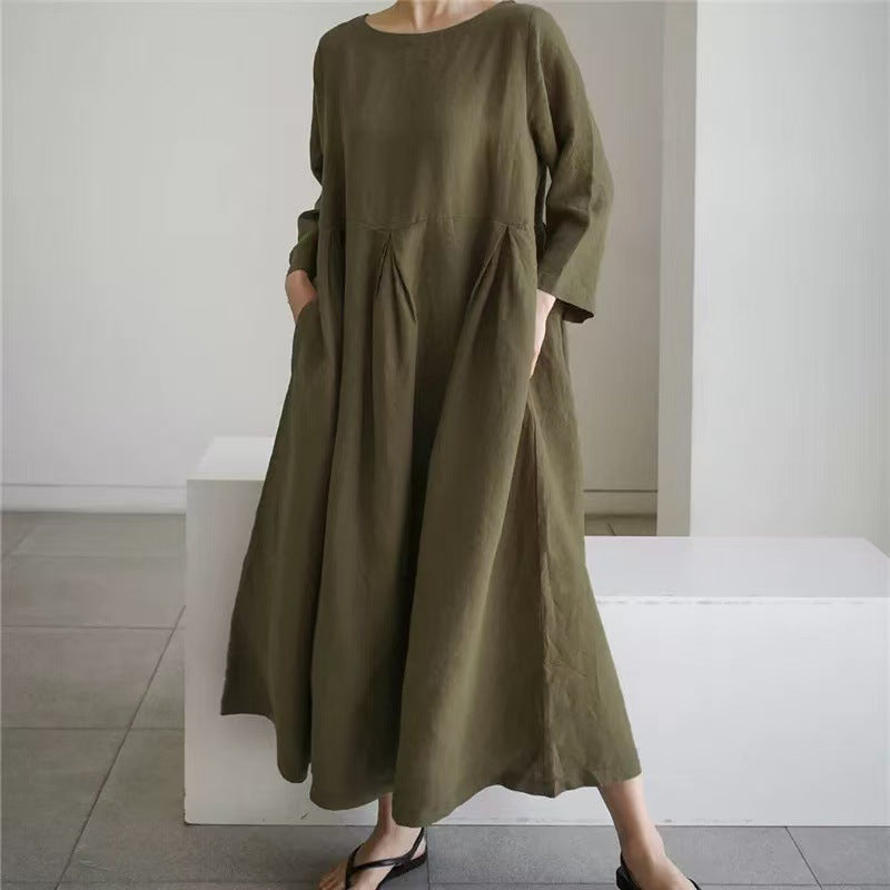 Damen Maxikleid aus Leinenmix mit geraffter Hüftpasse, seitlichen Eingrifftaschen und weitem Tellerrock – Valéora