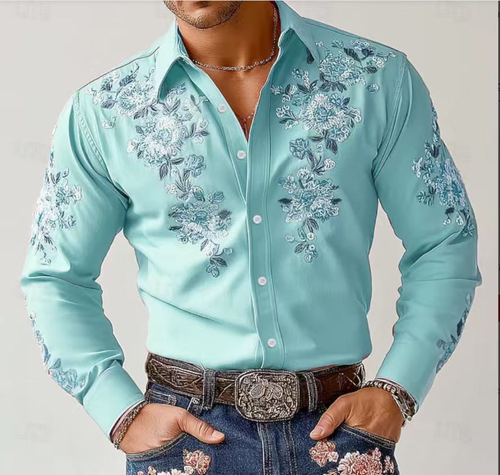 Herren Elegantes Langarmhemd mit floraler Stickerei Echoarchiv
