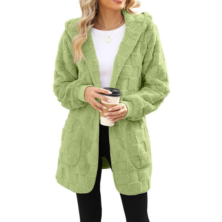 Damen nan kuschelige Kapuzen-Longjacke aus Teddyfleece mit aufgesetzten Taschen und strukturierter Karooptik Echo Archiv
