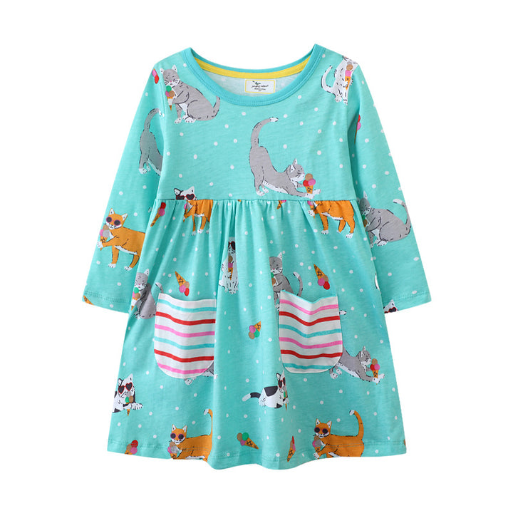 Mädchen Freizeitkleid mit verspieltem Katzenmotiv und praktischen Taschen Echo Archiv