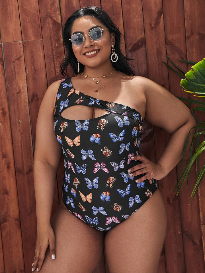 Damen Einseitiger Cut-Out Badeanzug mit floralen Schmetterlingsmotiven Echo Archiv