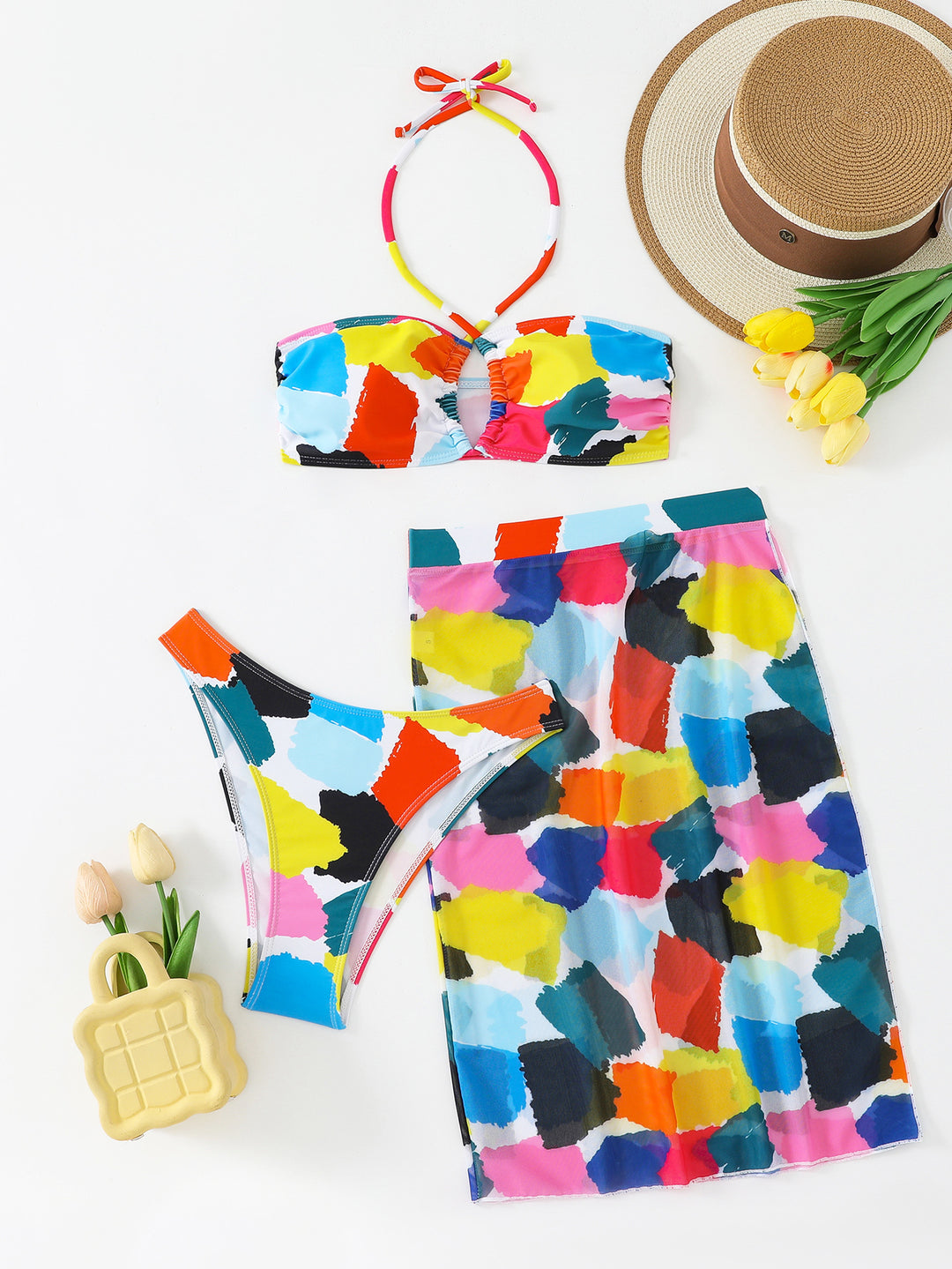 Damen Bunt bedrucktes Bikini-Set mit luftigem Überrock Echo Archiv