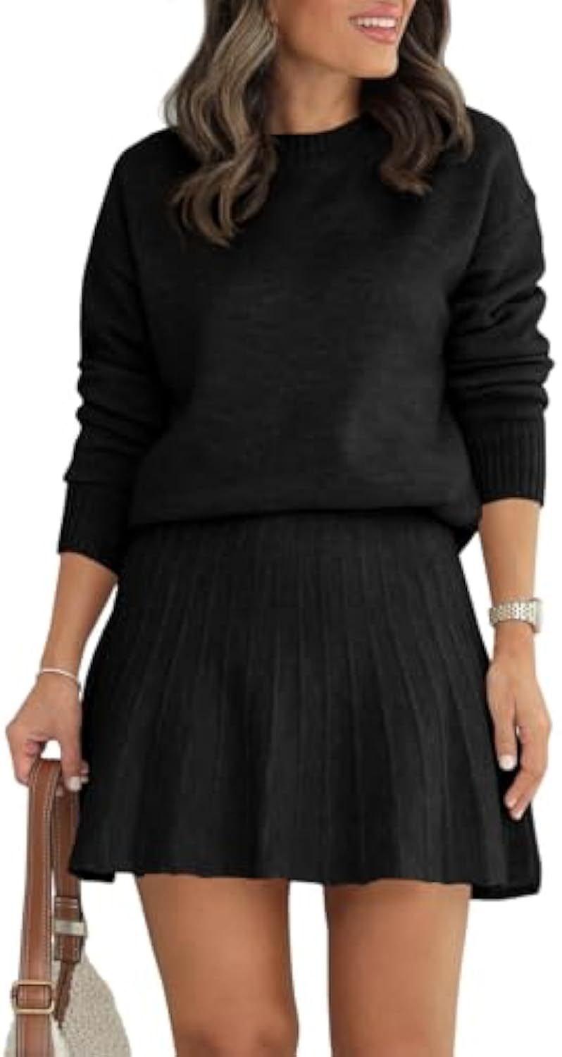 Damen Zweiteiliges Strick-Set mit Rundhals-Pullover und Plissée-Minirock – Élanora