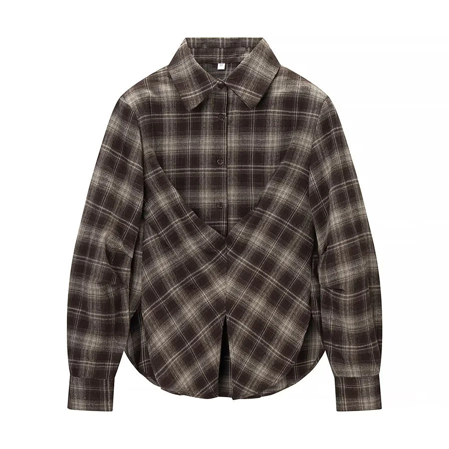 Damen nan überlappende Karo-Bluse mit V-Front, gekreuztem Saum und Manschetten Echo Archiv