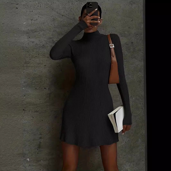 Damen Geripptes Tailliertes Rollkragen‑Midikleid mit figurformenden Nähten Echoarchiv