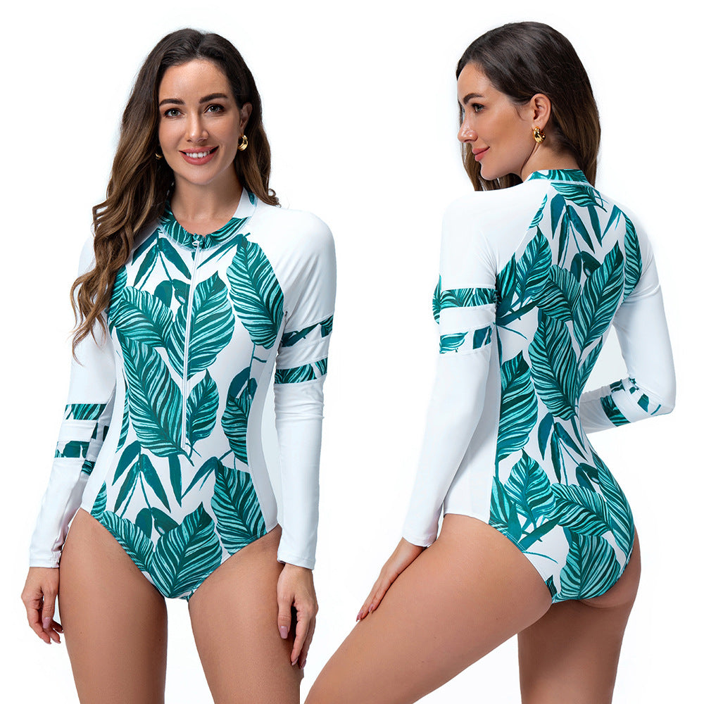 Damen Langarm-Schwimmanzug mit exotischem Blätterdesign Echo Archiv