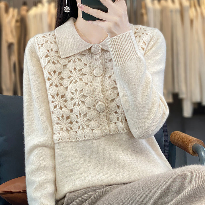 Damen Strickpullover mit gehäkelter Ajour‑Blende und Polokragen Echoarchiv