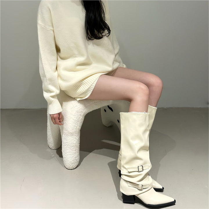 Damen Slouch-Kniehohe Stiefel mit spitzer Zehenform, dekorativen Schnallen und sculpted Blockabsatz – Lioré