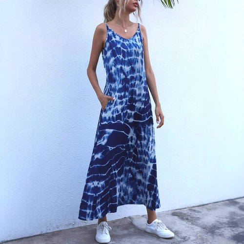 Damen Langes Sommerkleid aus elastischem Jersey mit asymmetrischem Schnitt und praktischen Taschen Echo Archiv