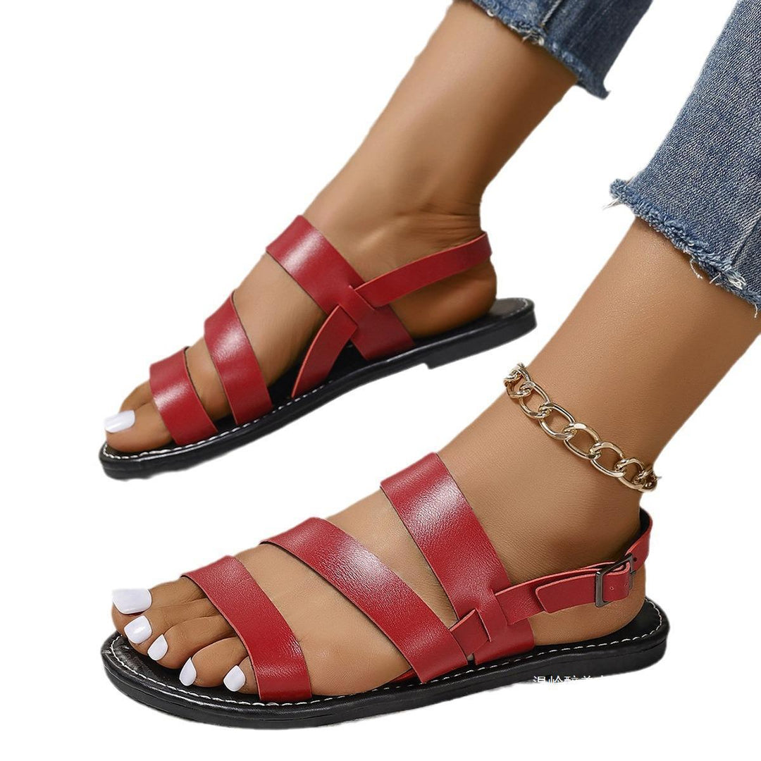 Damen Flache Lederoptik-Sandalen mit drei breiten Riemen, gepolstertem Komfortfußbett und verstellbarer Fersenlasche – Sorelia