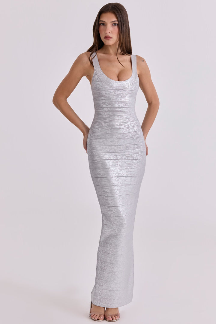 Damen figurbetontes Maxikleid mit schimmerndem Stoff und tiefem Ausschnitt Echo Archiv