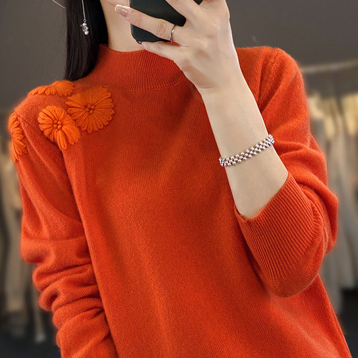 Damen Weicher Feinstrickpullover mit kurzem Stehkragen, 3D‑Blütenapplikation und gerippten Bündchen Echoarchiv
