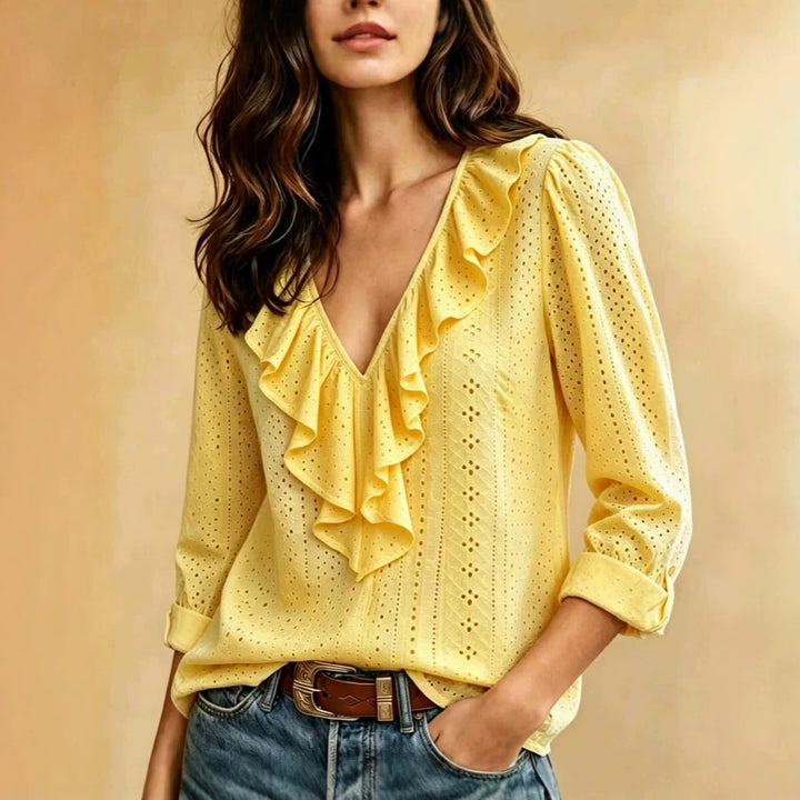 Damen luftige Ajourspitzenbluse mit V-Ausschnitt und Volant – Élovi