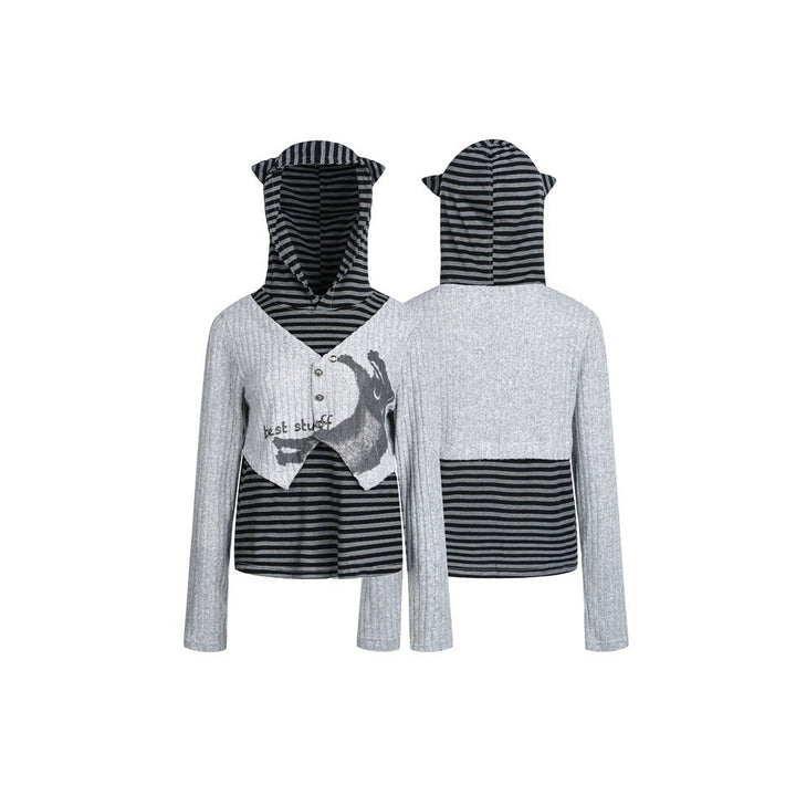 Damen Lagenlook-Kapuzenpullover mit gestreiftem Unterteil und kurzem Rippbolero Echoarchiv