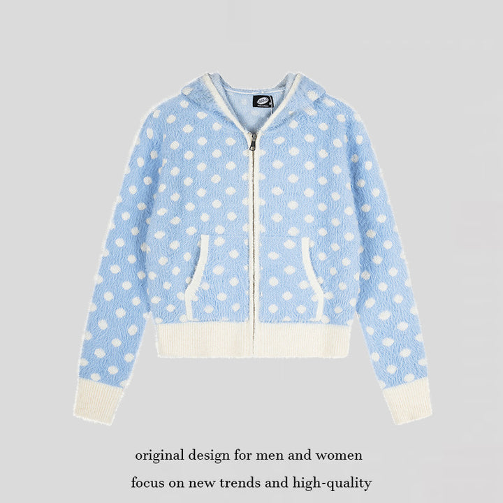 Damen Flauschige Kapuzen‑Zipjacke mit Polka‑Dot‑Jacquard und Eingrifftaschen Echoarchiv