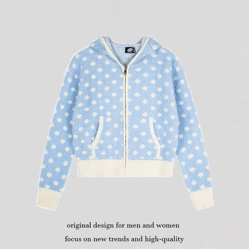 Damen Flauschige Kapuzen‑Zipjacke mit Polka‑Dot‑Jacquard und Eingrifftaschen Echoarchiv