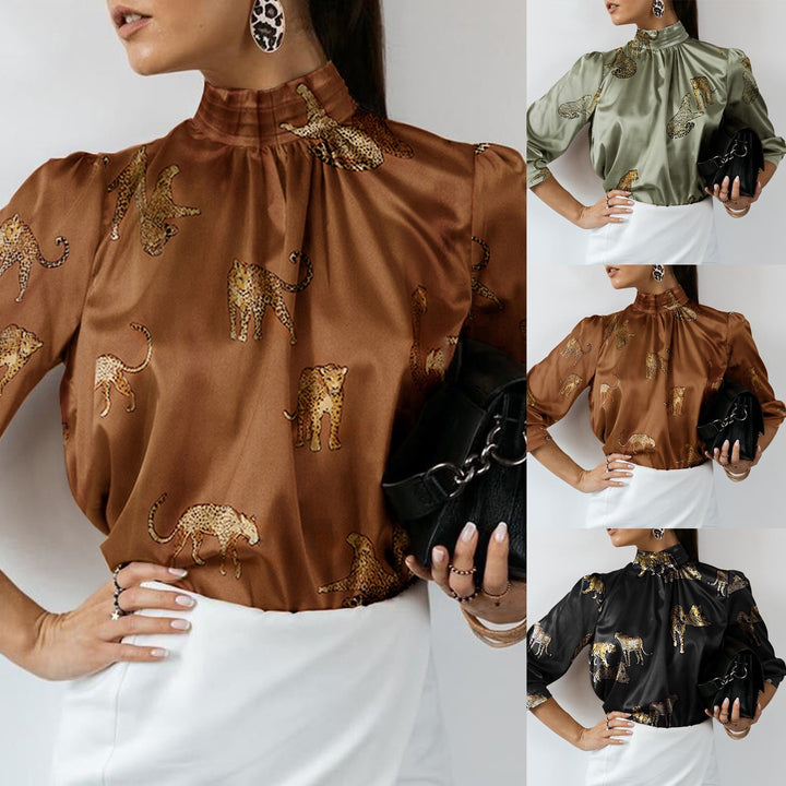 Damen Hochgeschlossenes Satinblusenshirt mit Stehkragen und Animal‑Print – Élovi