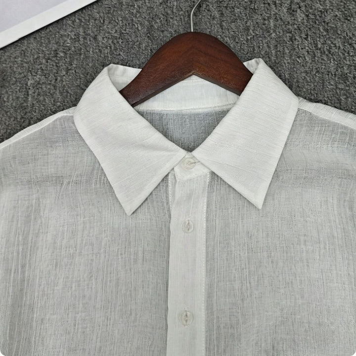 Damen Transparente Hemdbluse in Leinenoptik mit Kentkragen Echoarchiv