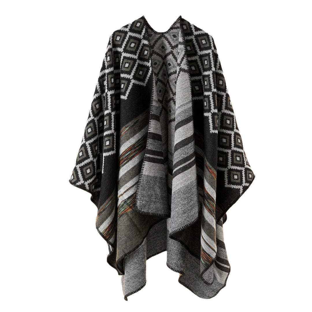 Damen Wollmix-Cape mit reversibler Double-Face-Webung und geometrischem Blockmuster Echo Archiv