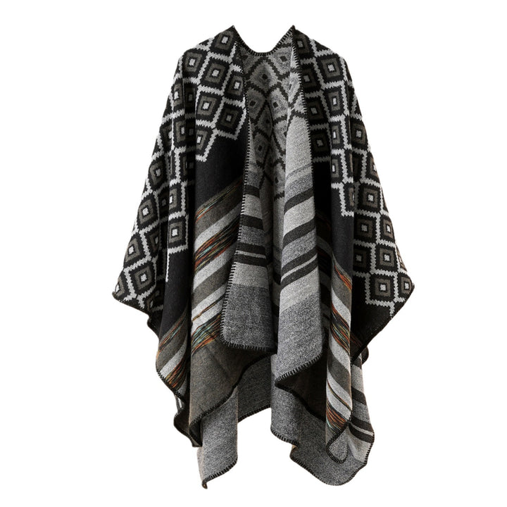 Damen Wollmix-Cape mit reversibler Double-Face-Webung und geometrischem Blockmuster Echo Archiv