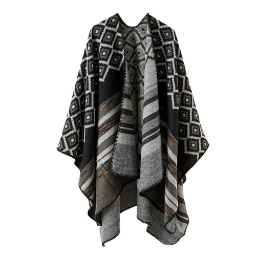 Damen Wollmix-Cape mit reversibler Double-Face-Webung und geometrischem Blockmuster Echo Archiv