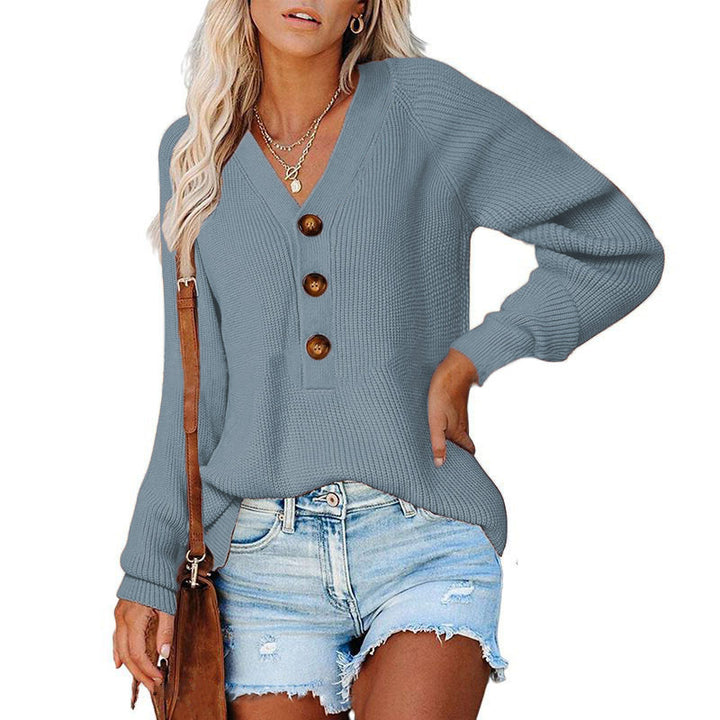 Damen Gerippter Strickpullover mit V‑Ausschnitt, Zierknopfleiste und Ballonärmeln Echoarchiv