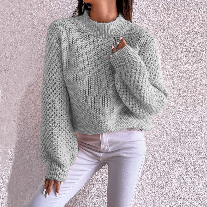 Damen Kurzgeschnitteter Grobstrick-Pullover mit Voluminösen Netzstruktur-Ärmeln und Stehkragen Echo Archiv