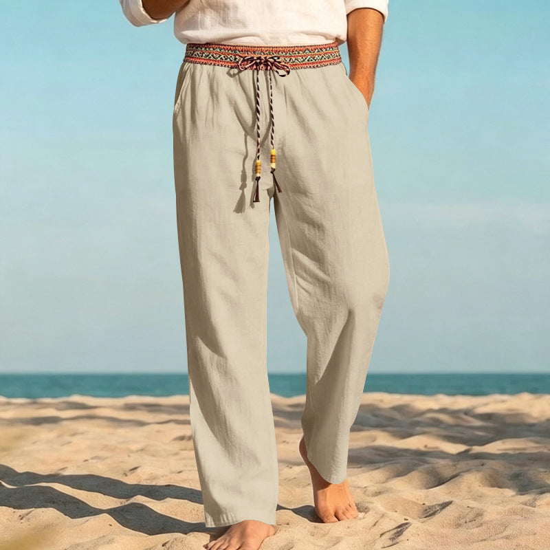 Herren Leinenoptik Freizeithose mit besticktem Kordelbund und Kordelzug – Sorevano