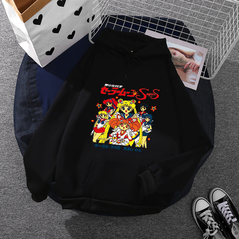 Damen Oversize-Kapuzenpullover mit gerautem Fleecefutter, Retro‑Anime‑Print und Kängurutasche – Auréline