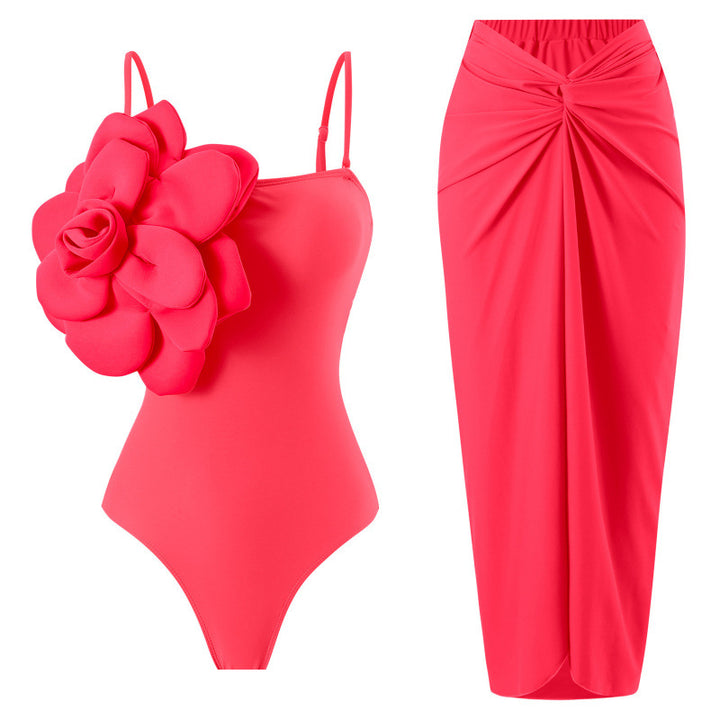 Damen Einteiler Badeanzug mit modischem Blumendesign und passendem Wickelrock Echo Archiv