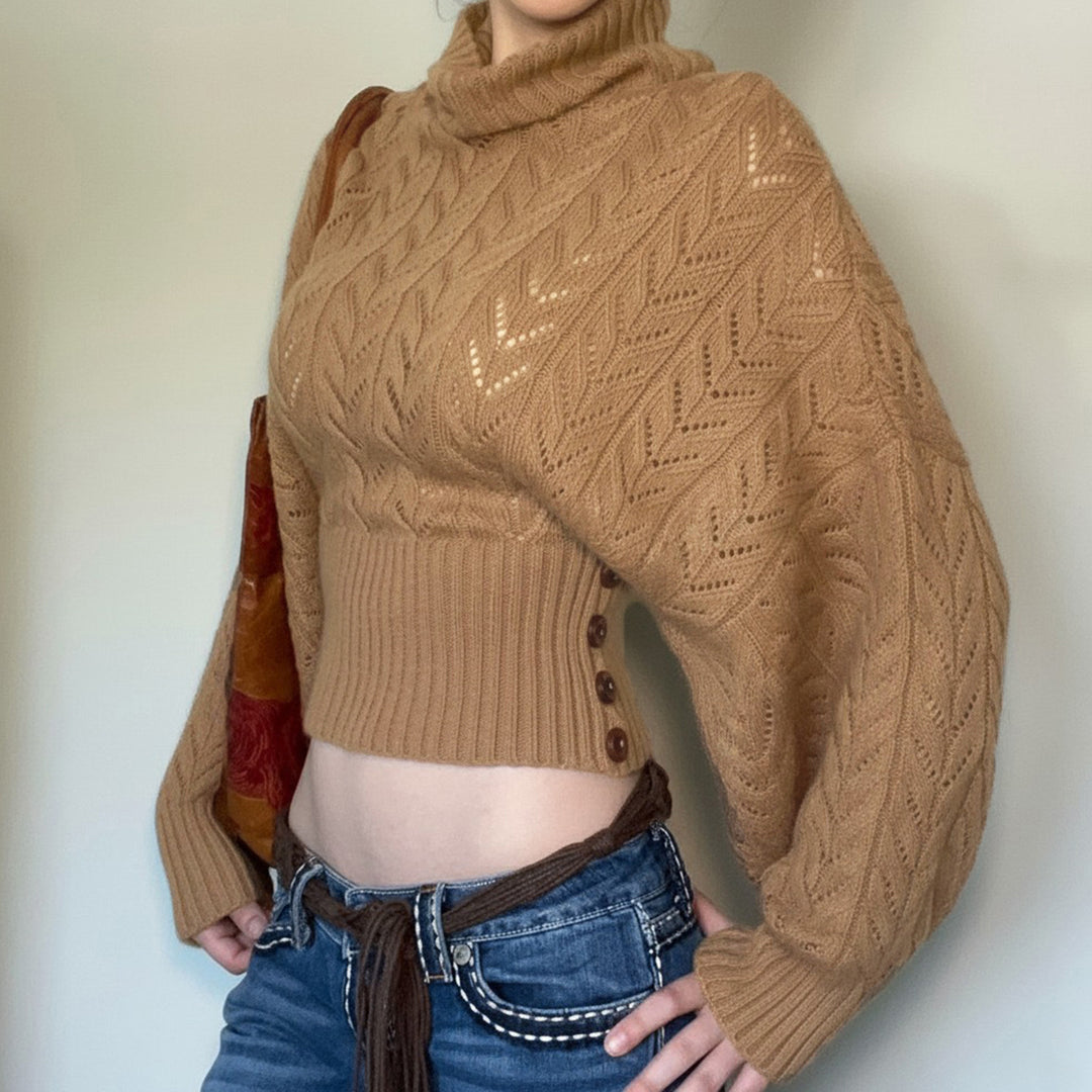 Damen nan kurzes Strick-Turtleneck mit Zierknopfleiste und Ballonärmeln Echo Archiv