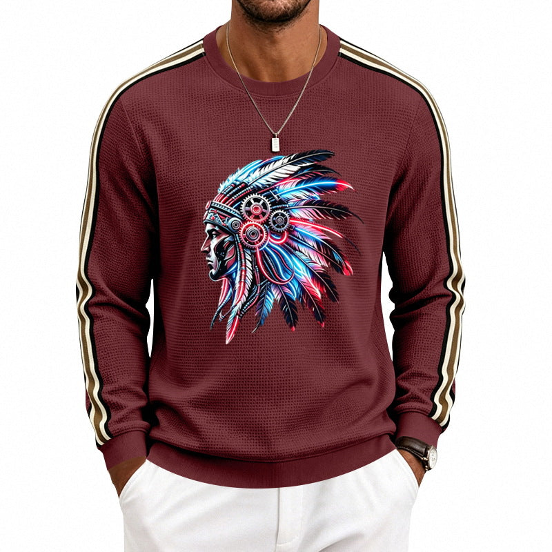 Herren Sweatshirt mit Federkopfschmuck-Print, Waffelstruktur und kontrastierenden Schulterstreifen – Norvane