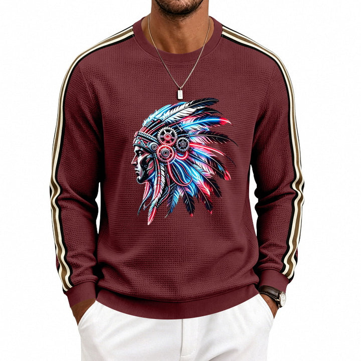 Herren Sweatshirt mit Federkopfschmuck-Print, Waffelstruktur und kontrastierenden Schulterstreifen – Norvane