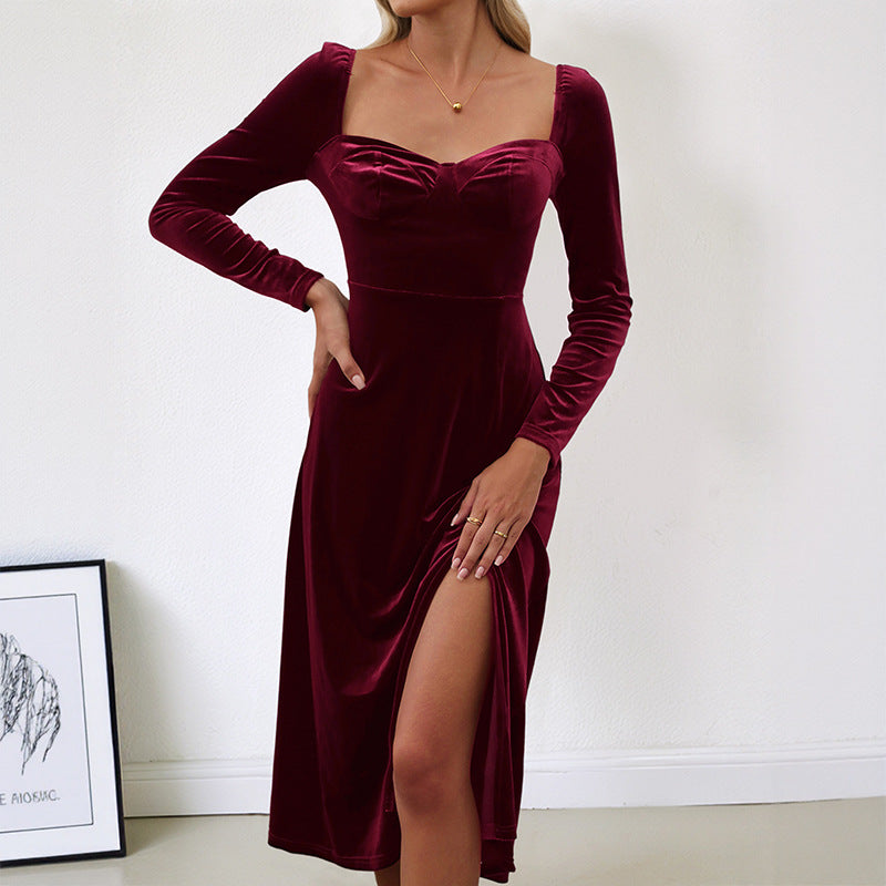 Damen Samt-Midikleid mit herzförmigem Ausschnitt, taillierter Silhouette und Langarm Echoarchiv