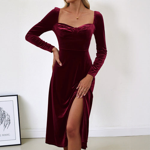 Damen Samt-Midikleid mit herzförmigem Ausschnitt, taillierter Silhouette und Langarm Echoarchiv