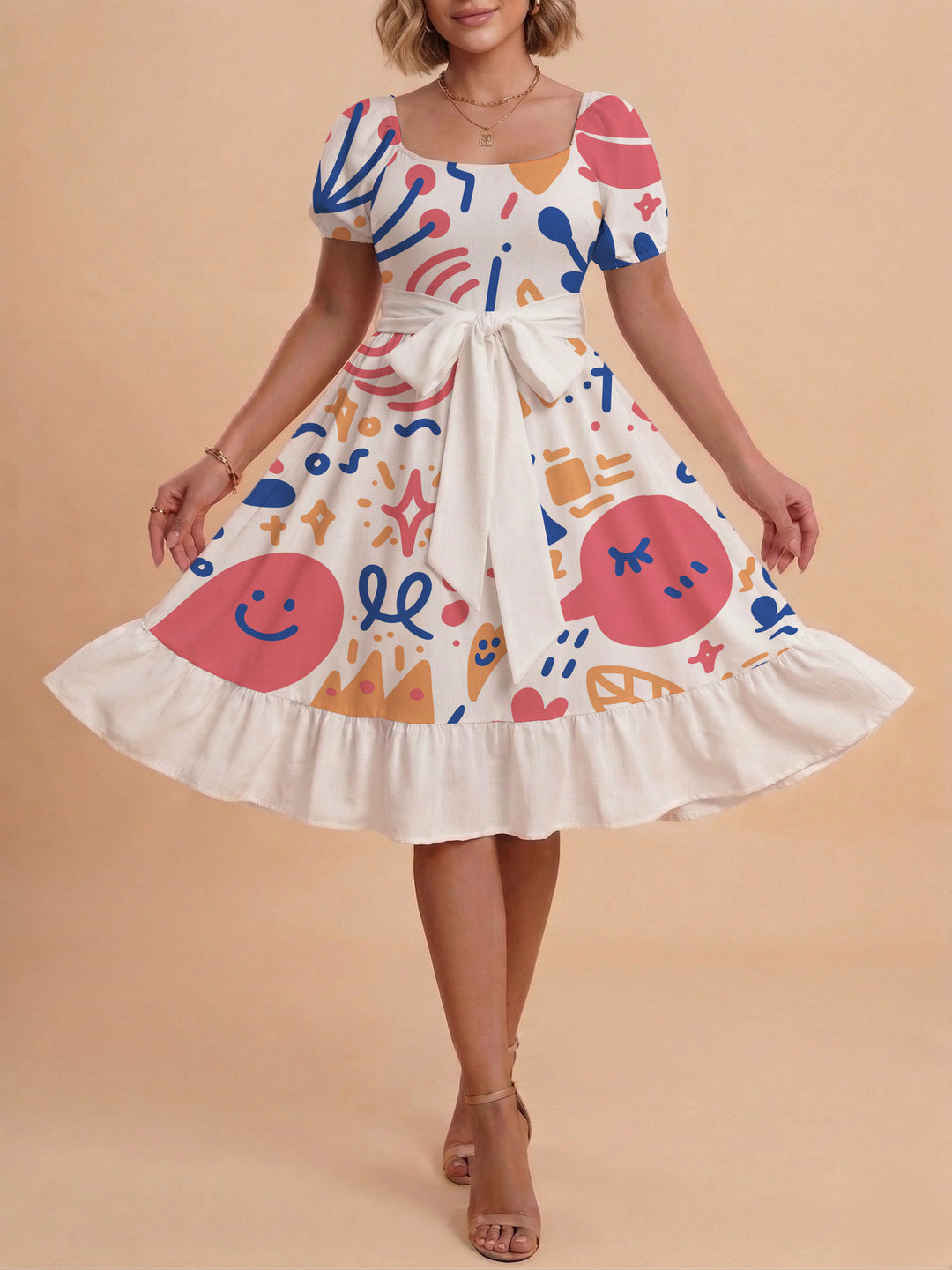 Damen Sommerkleid mit floralem Puffärmel und taillierbarem Gürtel Echo Archiv