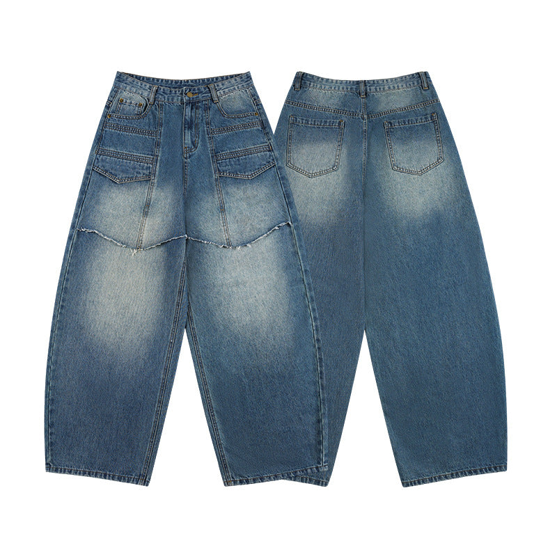 Damen Extraweite Denim-Palazzo-Hose mit aufgesetzten Vorderpanelen und Used-Waschung Echo Archiv