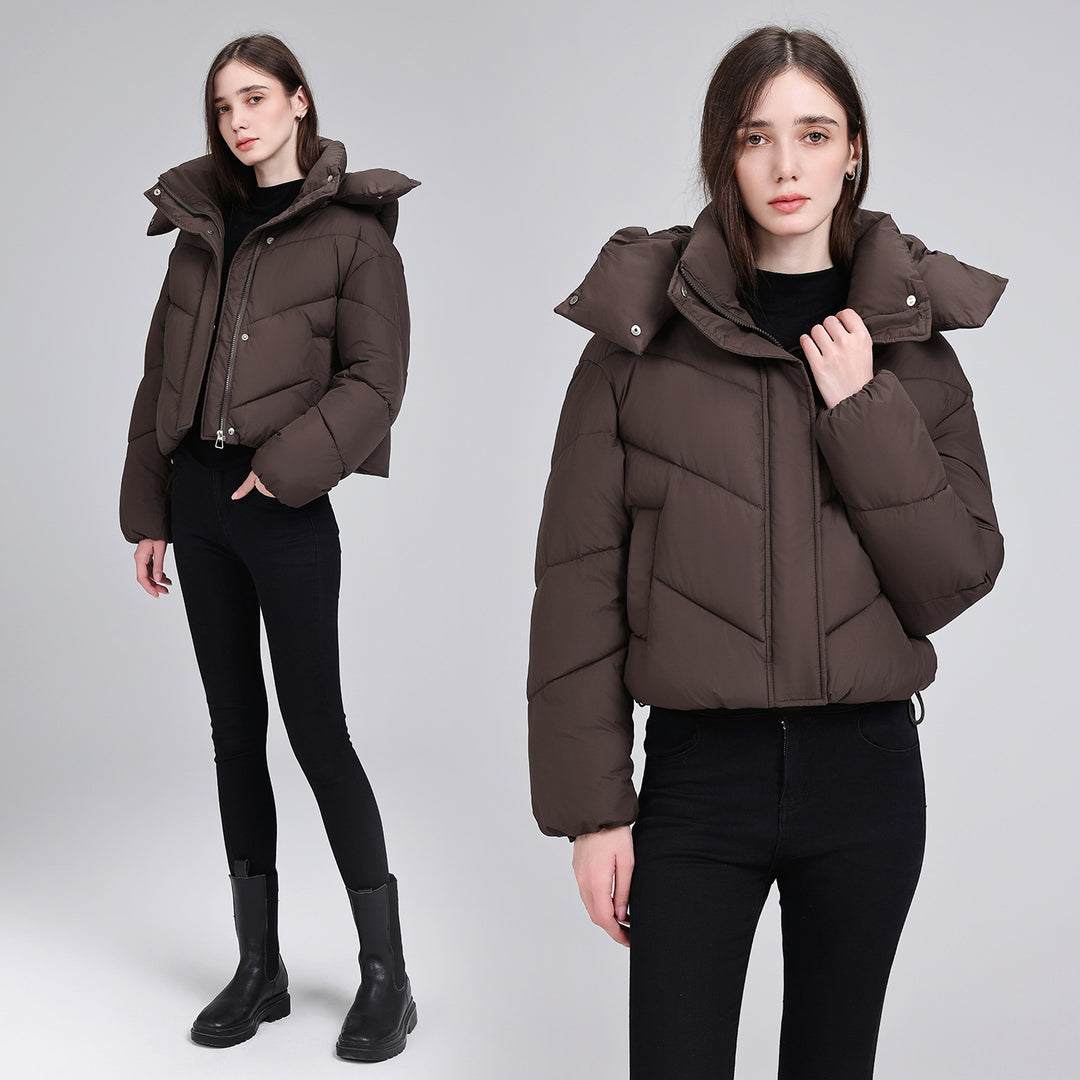 Damen Kurze Pufferjacke mit voluminösem Stehkragen und abnehmbarer Kragenkapuze Echo Archiv