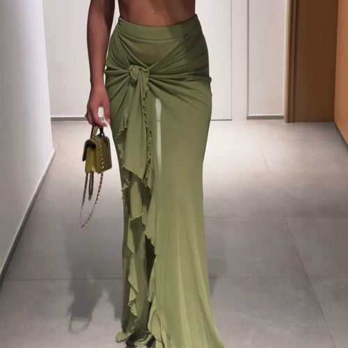 Damen Hochtaillierter Maxi-Rock mit asymmetrischer Raffung, Knotendetail und Volant-Schlitz Echoarchiv