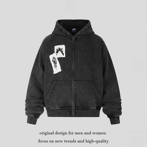 Herren Kapuzen‑Sweatjacke mit Vintage‑Waschung, oversized Cut, Patch‑Print und Nietenbesatz Echoarchiv