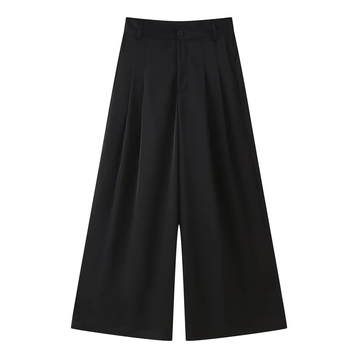 Damen weite Highwaist Culotte-Hose mit Bundfalten, Gürtelschlaufen und Knopfverschluss – Avélisse