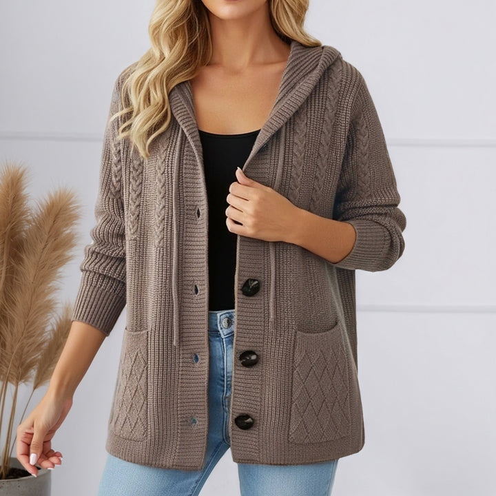 Damen nan gerippter Kapuzen-Strickcardigan mit Zopfmuster, großen Holzknöpfen und aufgesetzten Taschen Echo Archiv