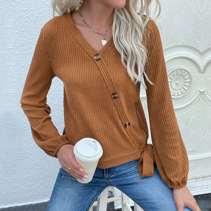 Damen Gerippte Wickel-Strickjacke mit V-Ausschnitt und seitlichem Knotendetail Echoarchiv