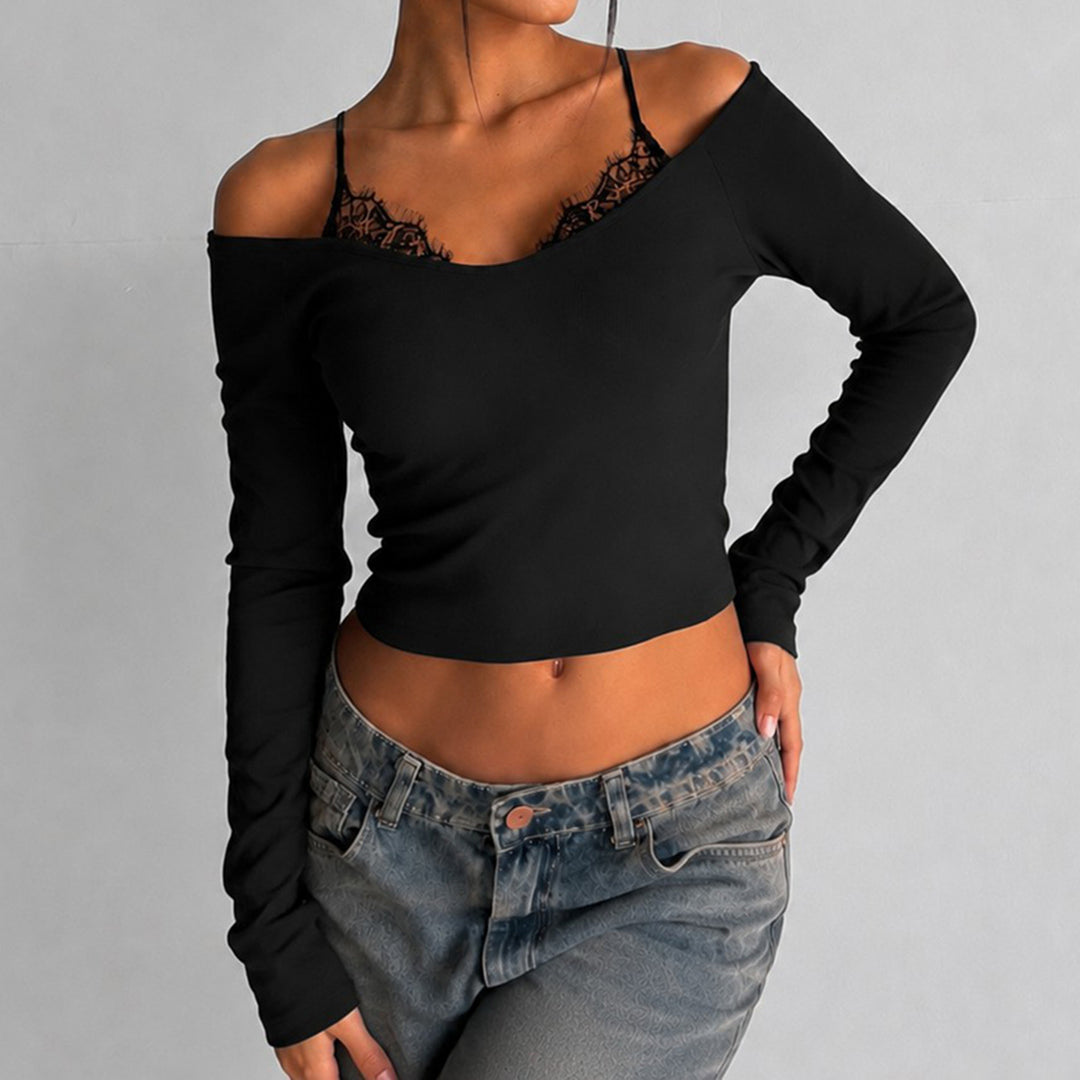 Damen Schulterfreies Langarm-Cami mit zarter Spitzen-Innenschicht und verstellbaren Spaghettiträgern – Avérine